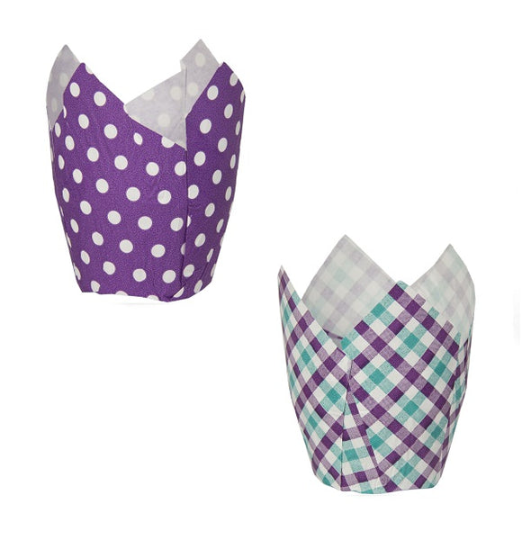 Tulip Cup Assortment Set, Turquoise Purple Gingham and Purple with White Dot